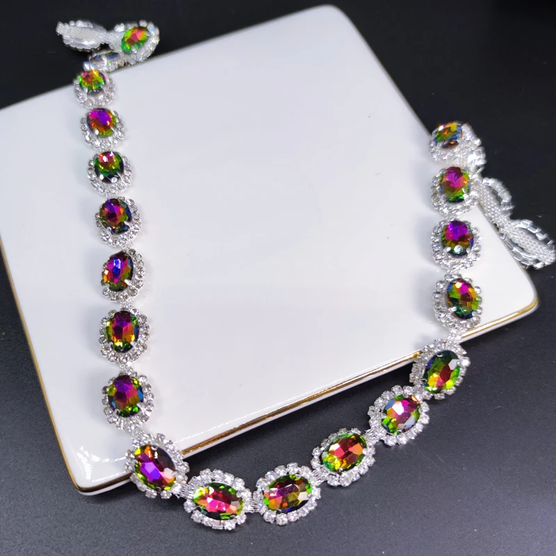 Qing Family Mixed Color Oval Glass Crystal Rhinestone Cup Chain Sew On Wedding Dress Belt Clothes Shoes Bags Trim DIY Accessorie