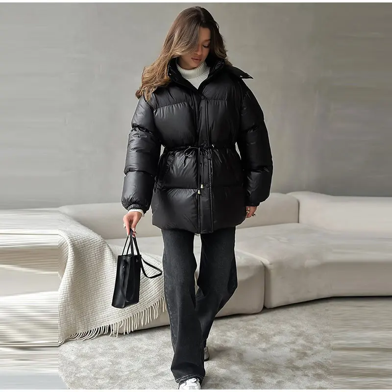 Women's Winter Jacket Hooded Drawstring Zipper Stand-Up Collar Lace Up Winter Jacket Female Loose Casual Chic Jackets For Ladies