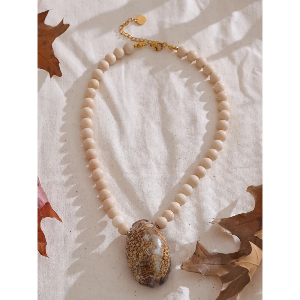 Yhpup Ocean Handmade Fossiln Beads Chain Conch Big Pendant Necklace High-Grade Summer Stainless Steel Jewelry Gift