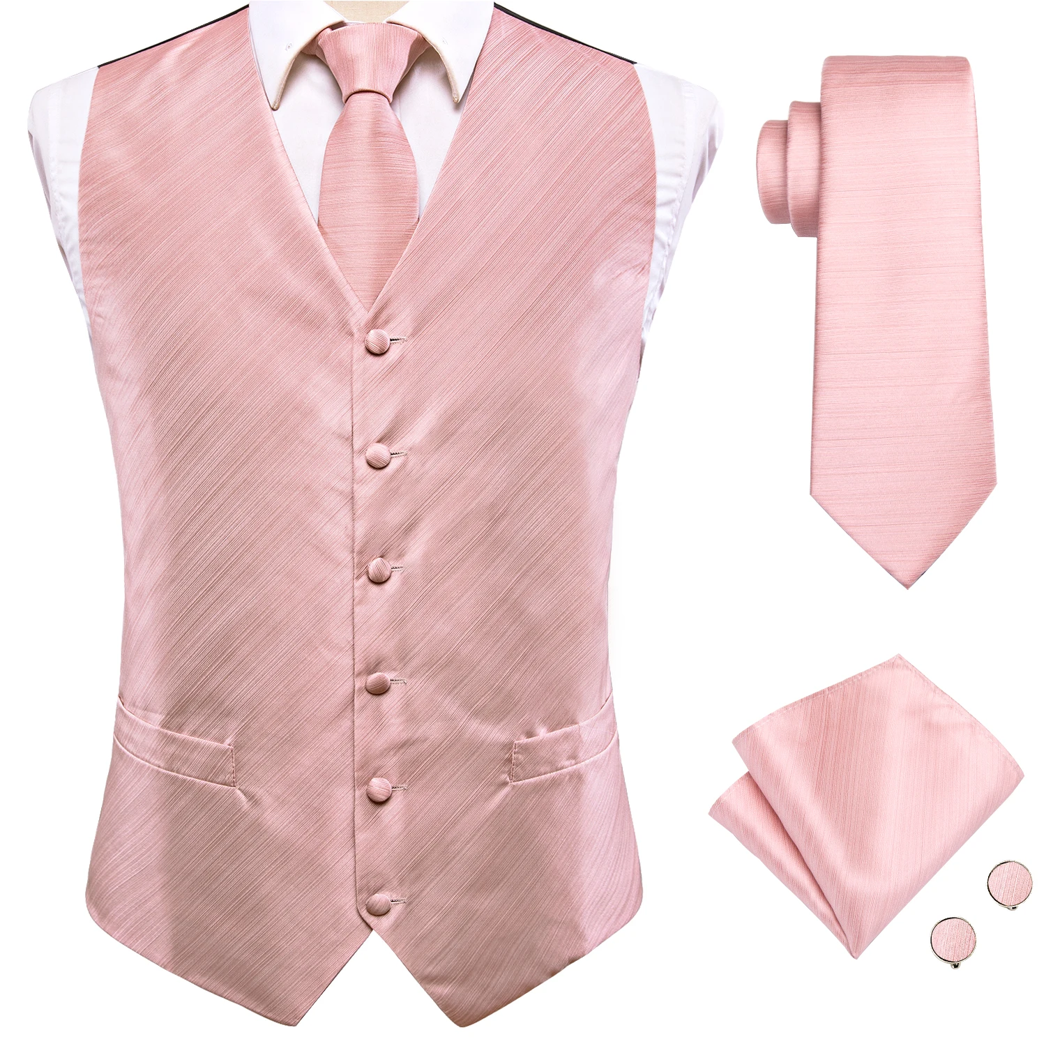 Blush Striped Solid V-Neck Waistcoat Accessory Kit Tie Pocket Square Cufflinks For Bridal Shower Spring Banquet