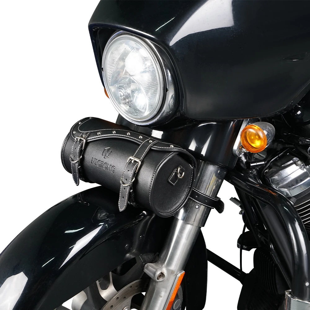 

NICECNC PU Leather Motorcycle Front Fork Saddlebag with Waterproof Cover Multifunction Storage Bag for Harley Davidson Road King
