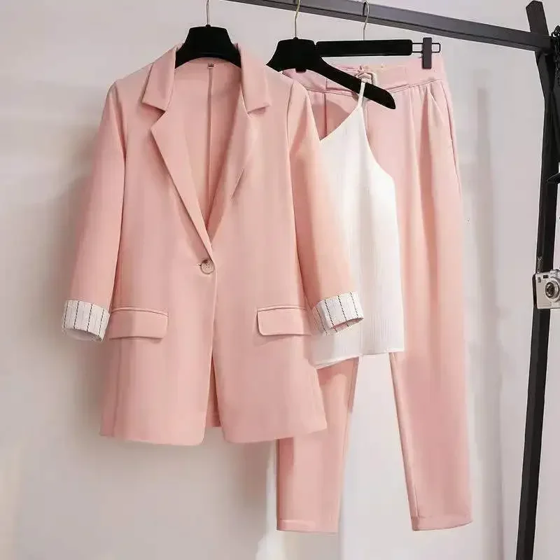 2023 spring new plus size Korean elegant women's suit female blazer leisure pants Tweed suit jacket three piece jacket pants set