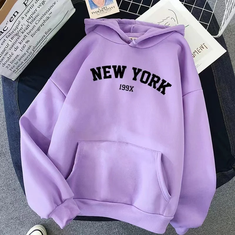 Hoodie Europe and America Sweatshirts for Women New York Letter y2k Autumn Winter Oversized Plus Velvet Casual Loose Fleece Tops