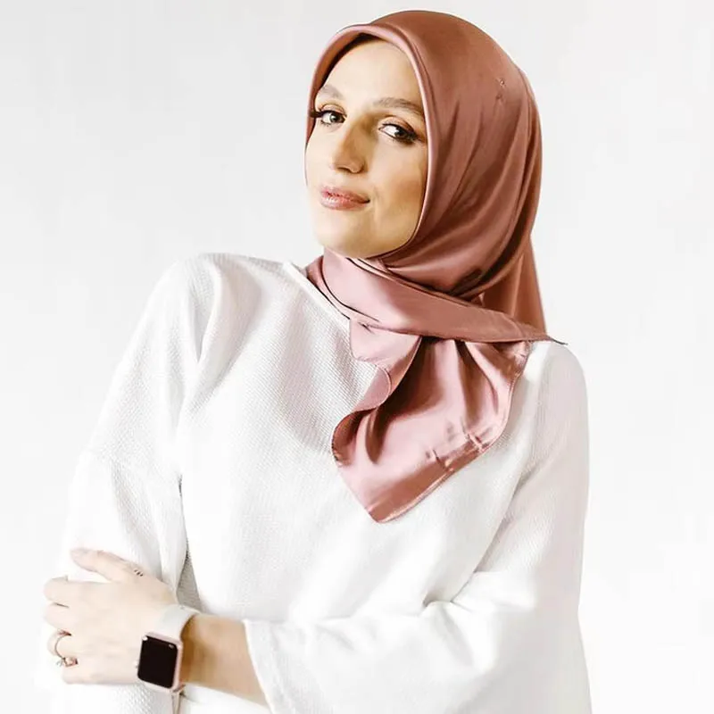 90 cm Seidenschals für Damen, quadratisch, Satin, Hijab-Schal, einfarbig, Taschentuch, Schals, Wraps, Kopftuch, weibliches Stirnband, islamisches Halstuch