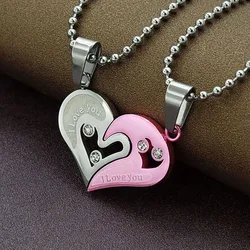 I Love You Black Gold Color Blue Pink Cat Crystal Heart Best Friend Couple Long Stainless Steel Chain Necklace Men Women Jewelry