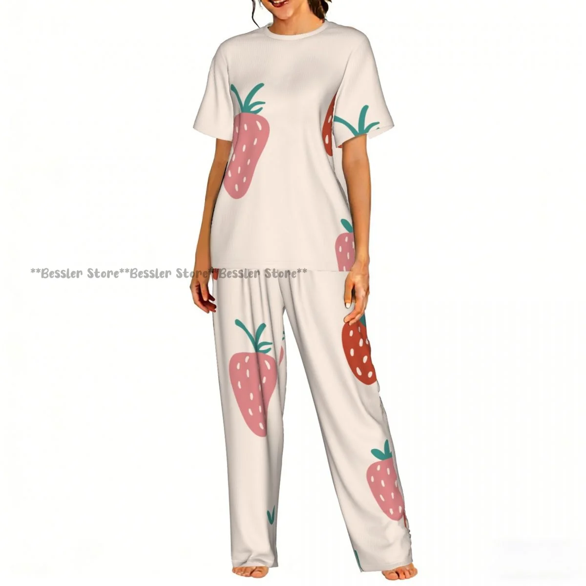 

Women Pajama Sets Lounge Sleepwear Strawberry Abstract Summer Short Sleeve Nightwear