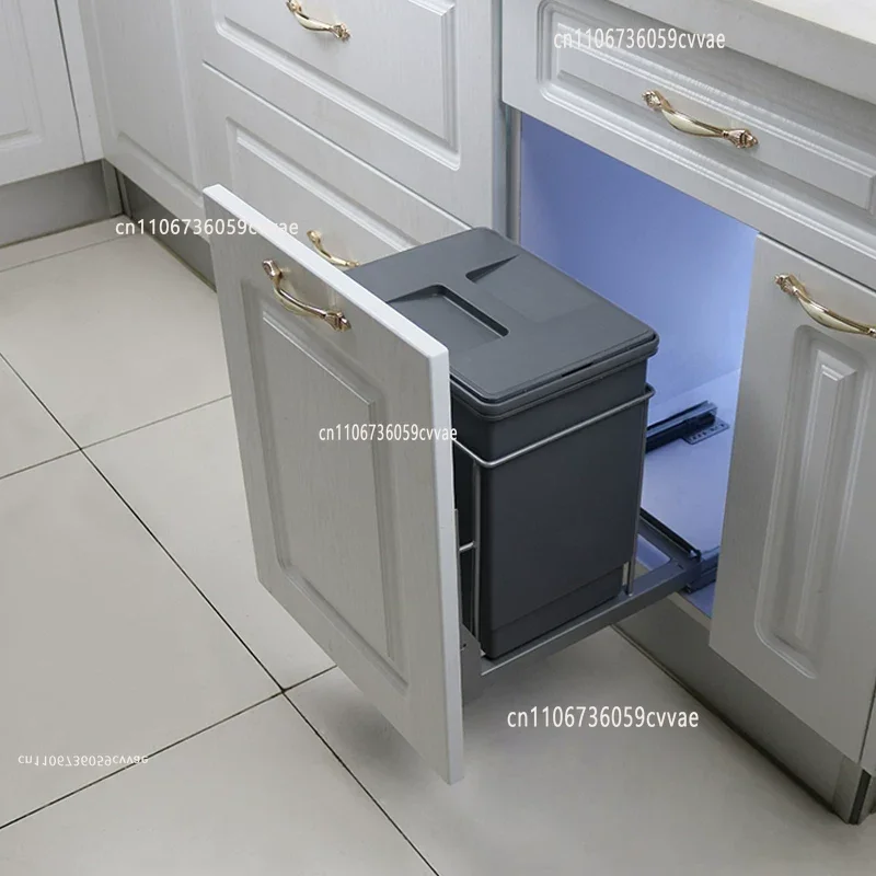 Tall Narrow Recessed Pull-Out Kitchen Trash Can with Lid Hidden Sorting Bin Cabinet Built-In Storage Basket