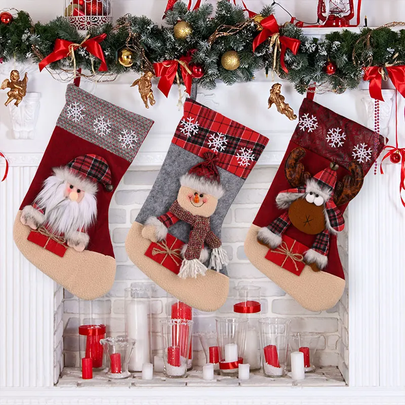 

Christmas Stocking Decoration 3D Large Retro Santa Claus Snowman Reindeer Christmas Socks Gift Xmas Tree Hanging Decoration