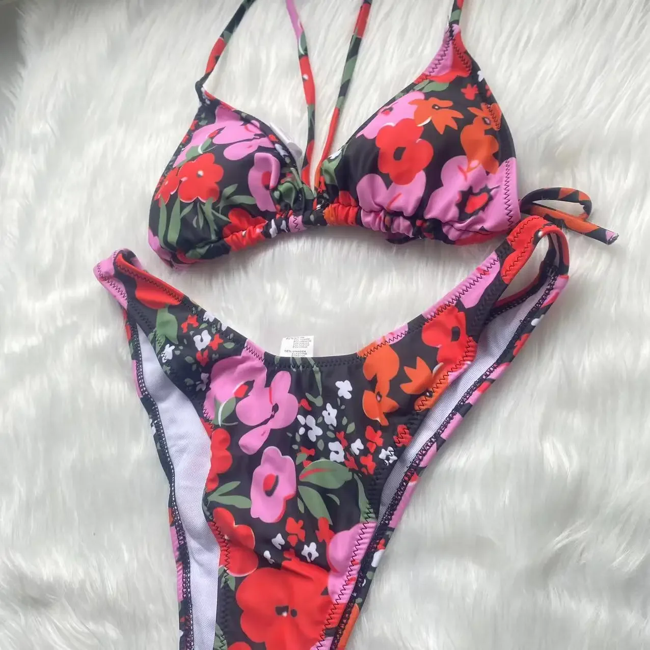 Bloemenprint Bikini Set Zwart Kleur Badpak Vrouwen Sexy Bikini Microbandage Strandkleding Driehoek Badmode Biquini