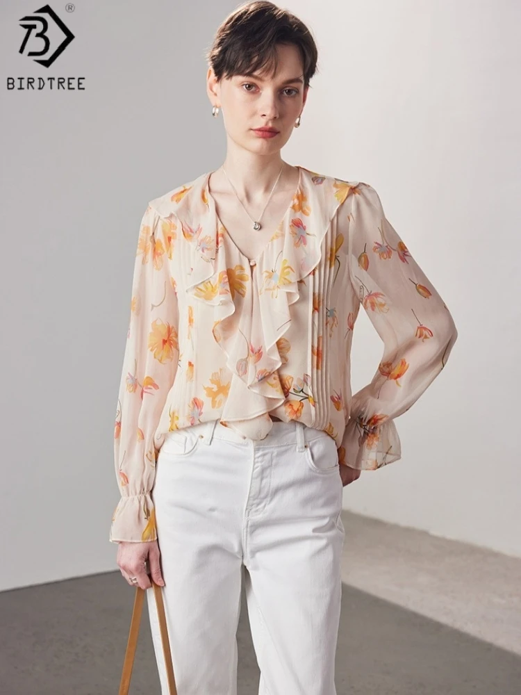 

Блузка Birdtree из 100% натурального шелка с принтом, V-образным вырезом, женская блузка Qiaoqi с длинным рукавом, элегантный свободный топ для офиса, новинка весны 2026 T61735JF