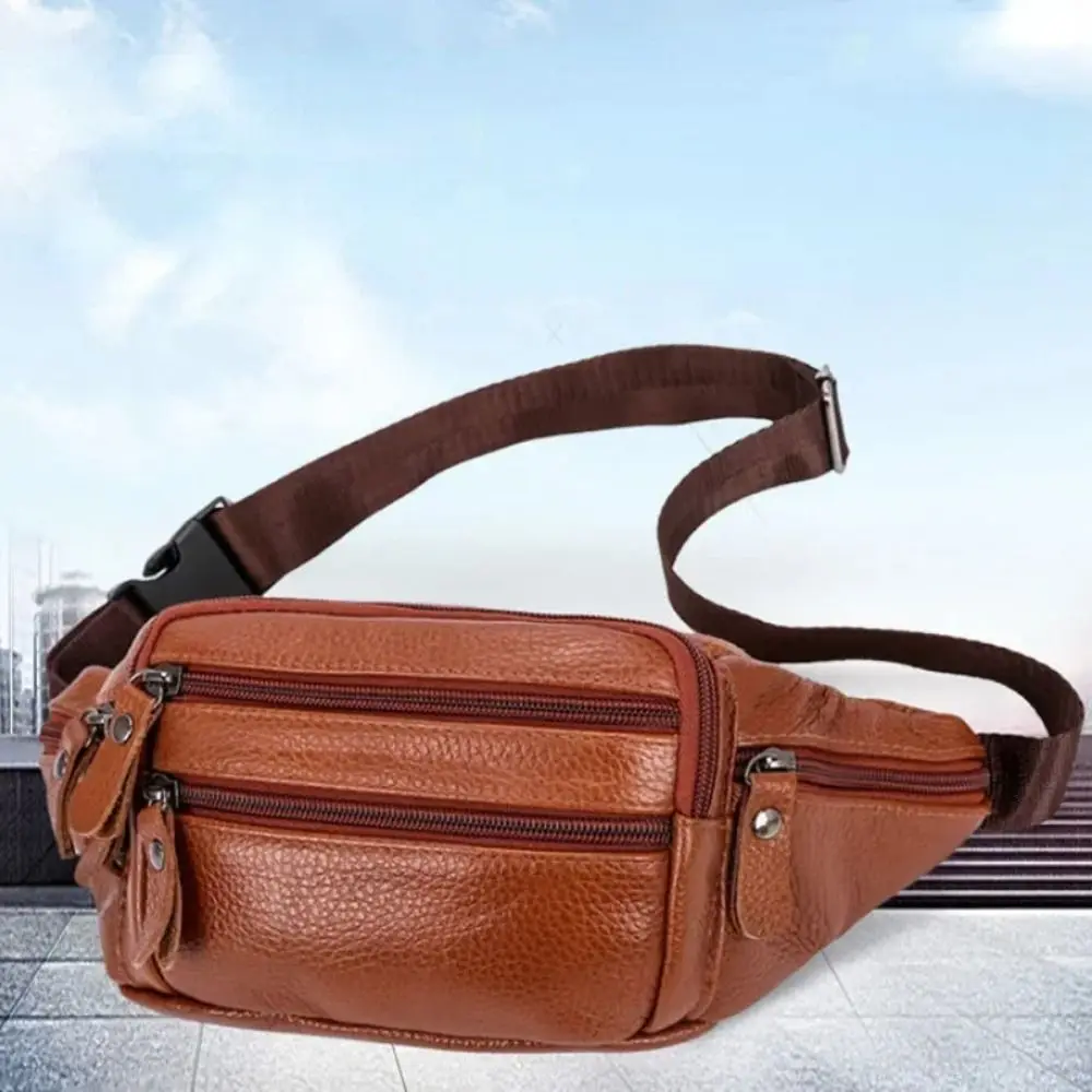 Multi-layered Men\'s Waist Bag Fashion Waterproof Large Capacity Travel Phone Bag PU Leather Zipper Waist Purse Pack