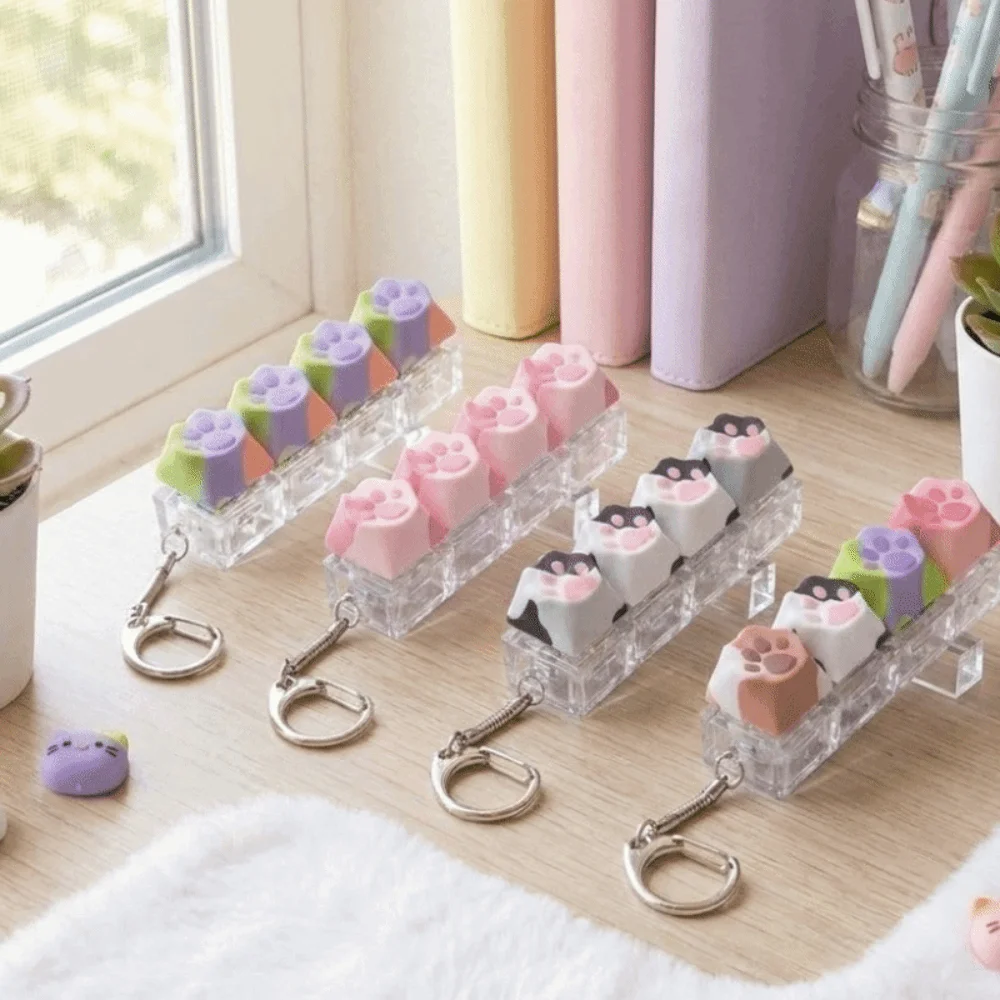 Cat Paw Fidget Keychain Portable Decompression 4‑Key Keycap Bag Pendant Novelty Without Light Fingertip Pressing Keyring