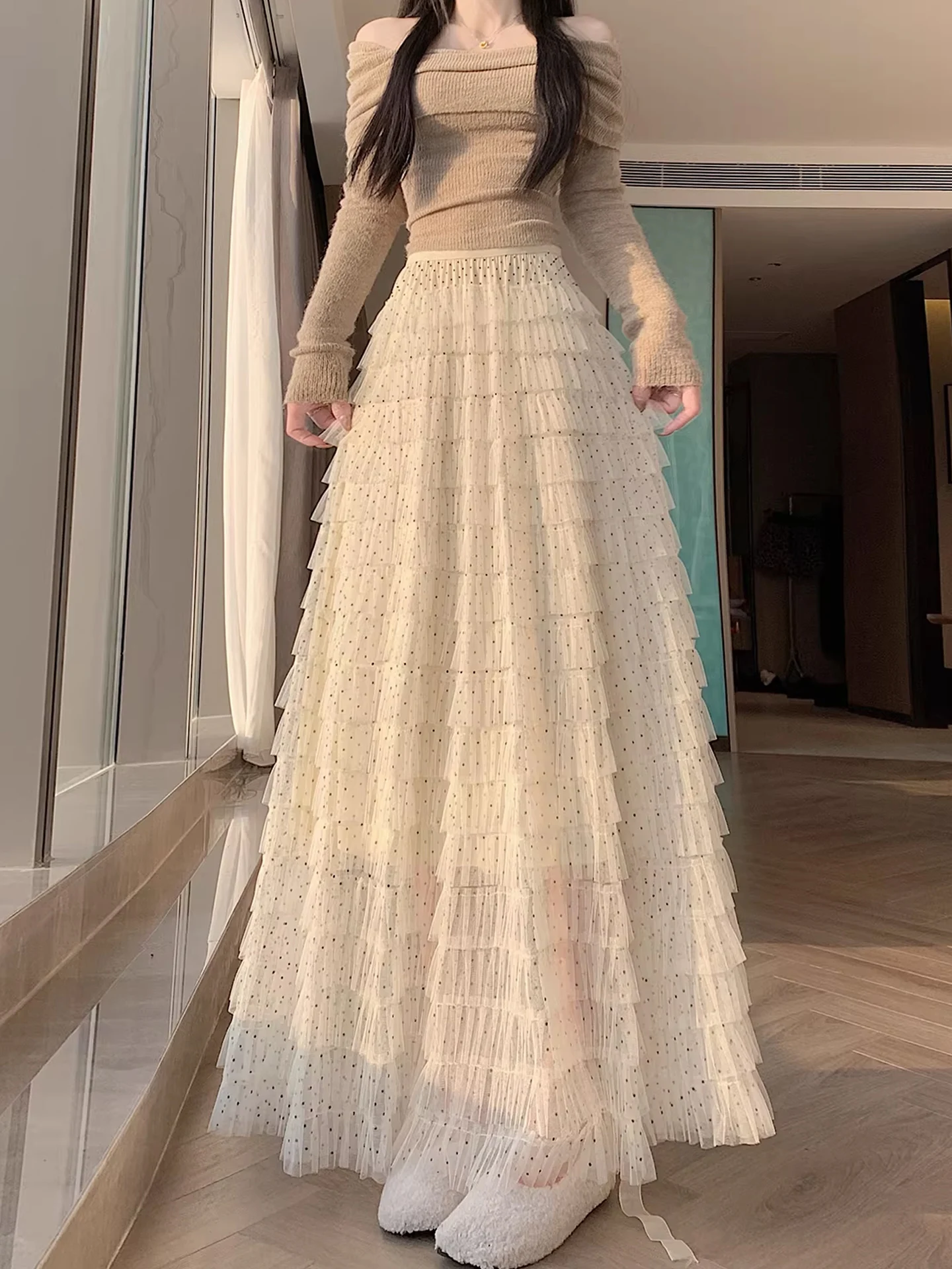 

Нежная ветераньжаньская юбка-сетка с узором «фейские точки», длиной до колена, женская, осенне-зимняя, средней длины, фасон А-силуэт, юбка-сетка «торт», плиссированная...