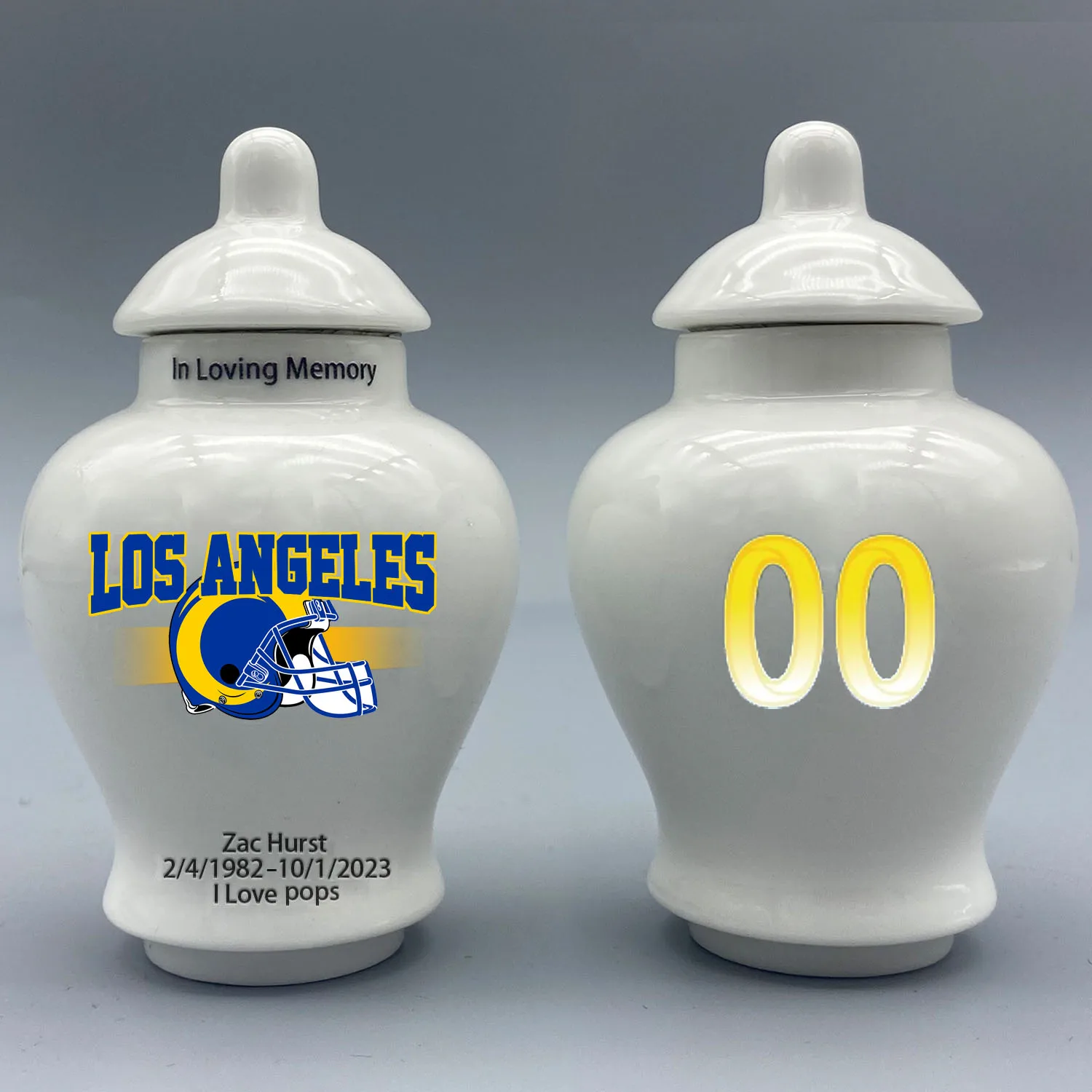 Mini Urn for Los Angeles Rams-themed Logo Urn.Please send me the customization information - name/date and number on the urn!