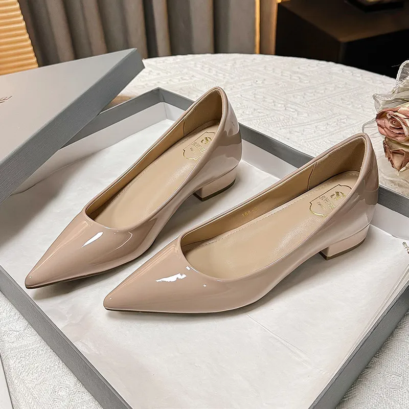 

Inside Heightened High Heels Women's New Patent Leather Temperament Pointed Toe Shallow Mouth Block Heel Single Shoes