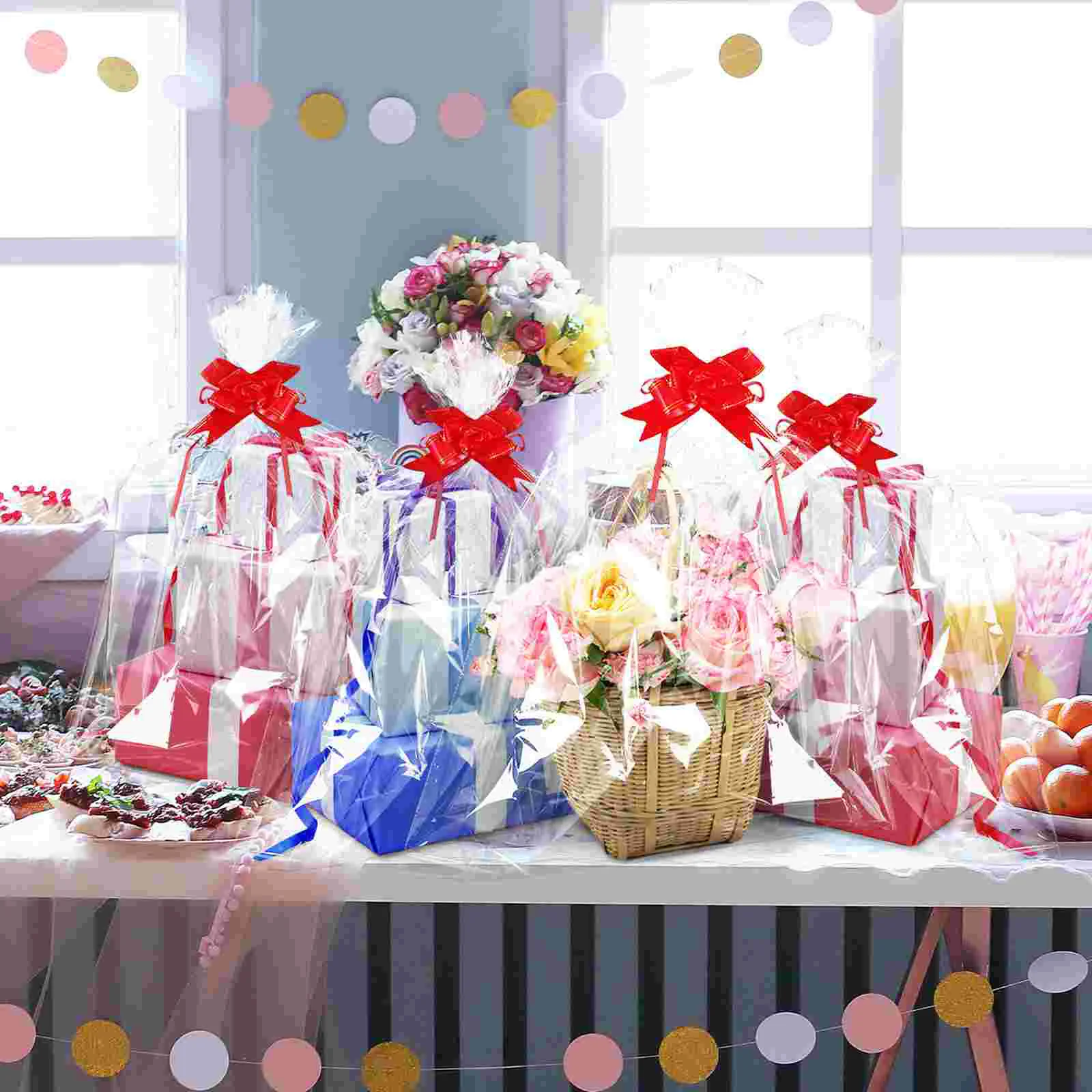 5 Pcs Extra Large Cellophane Bag Holiday Bags with Bows Basket Cookie Tray Wrap Ribbon Party Favor Glass