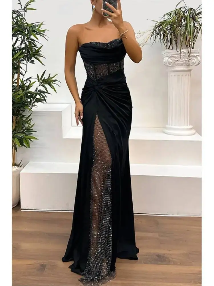 

Elegant Strapless Waist Dress For Women Spring Summer Fashion Sexy Solid Color Sequin Splicing High Slit Party Dresses Female