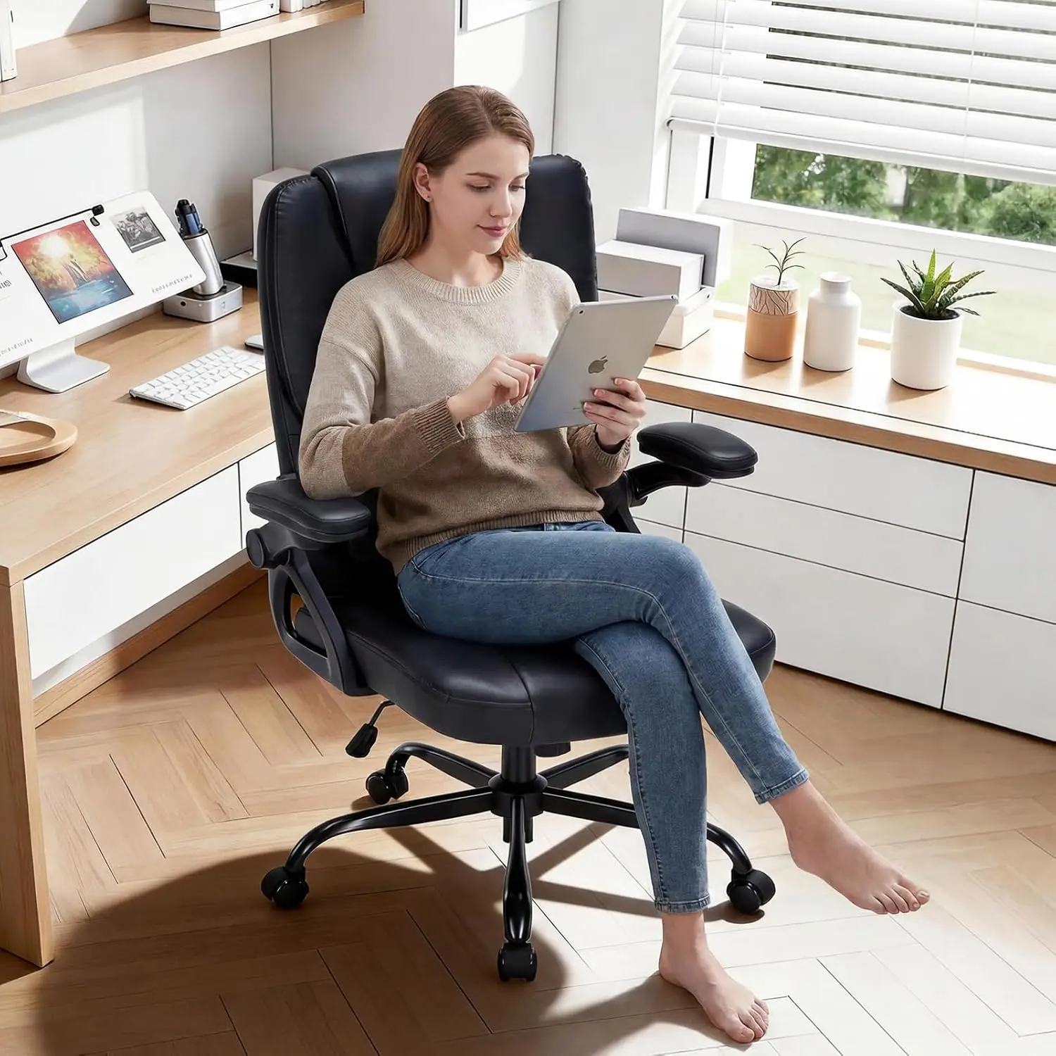 400lbs Executive Office Chair wiht 3 Way Adjustable Armrest | High Back Computer Chair,Comfy Pu Leather Desk Chair, Customized