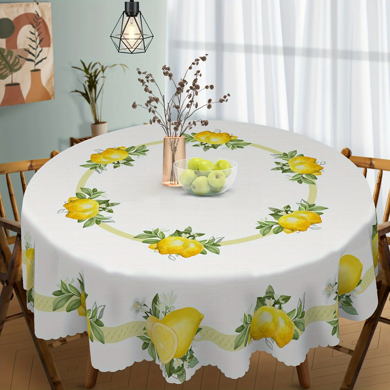 1 Stück, frische Zitronentischdecke, Tischdecke mit Frühlings- und Sommerblumenmuster, gelbe Tischdecke, runde Form aus Polyester