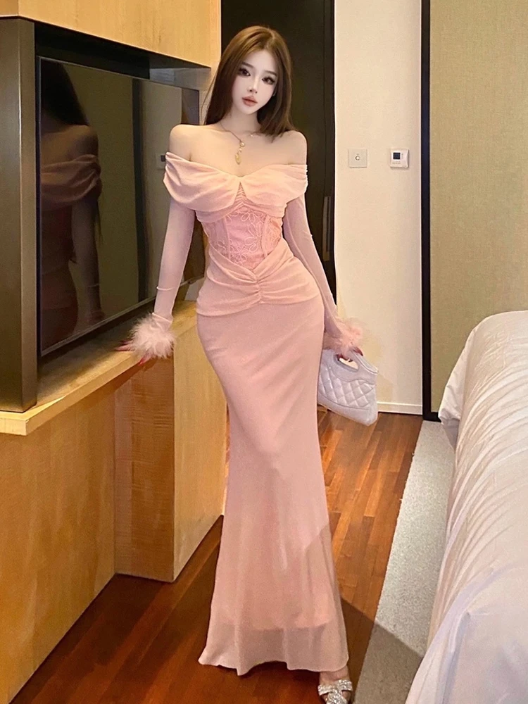 

Ele Pure Desire Sexy One-oulder Lace Splice Long Sve Dr Wrap around Waist Fi Tail Dr for Ladies Autumn Season