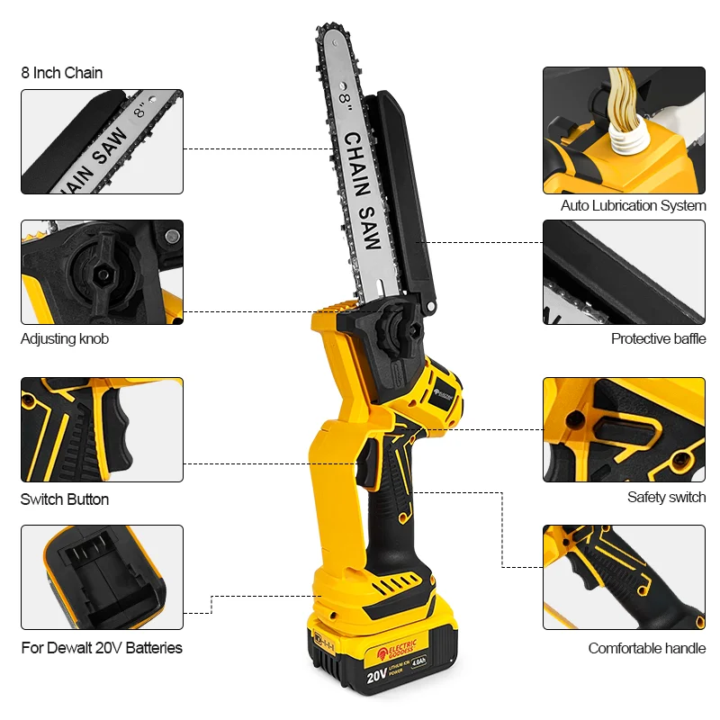 8 pulgadas inalámbrico motosierra eléctrica sin escobillas motosierra de una sola mano portátil para trabajar la madera poda sierra juego de baterías jardín motosierra herramienta eléctrica para Dewalt 20v batería