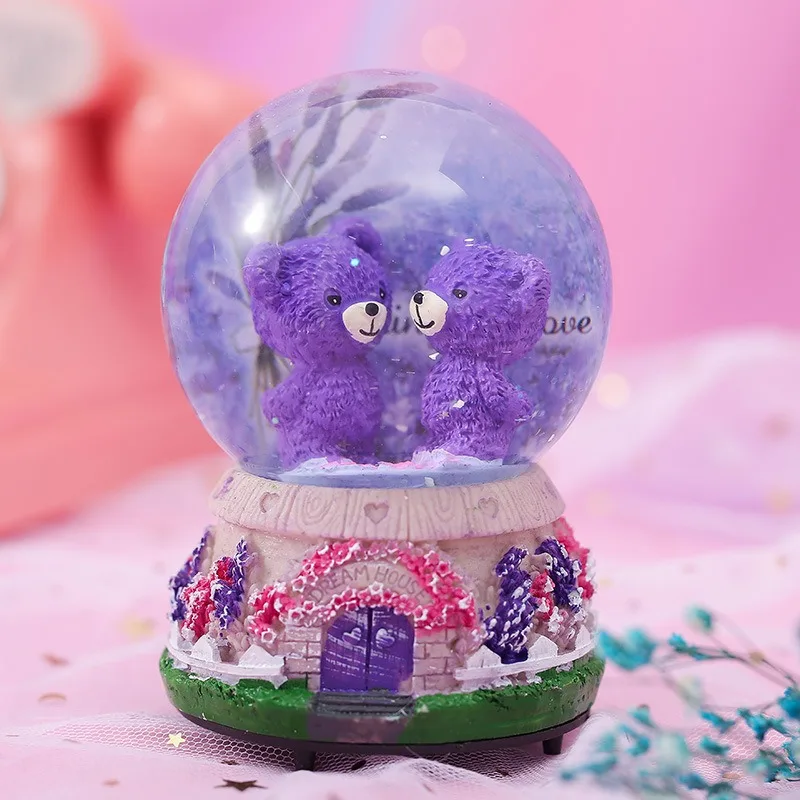 Crystal ball music box lavender purple bear with light snow flowers for guests a small gift mini music box birthday gift.