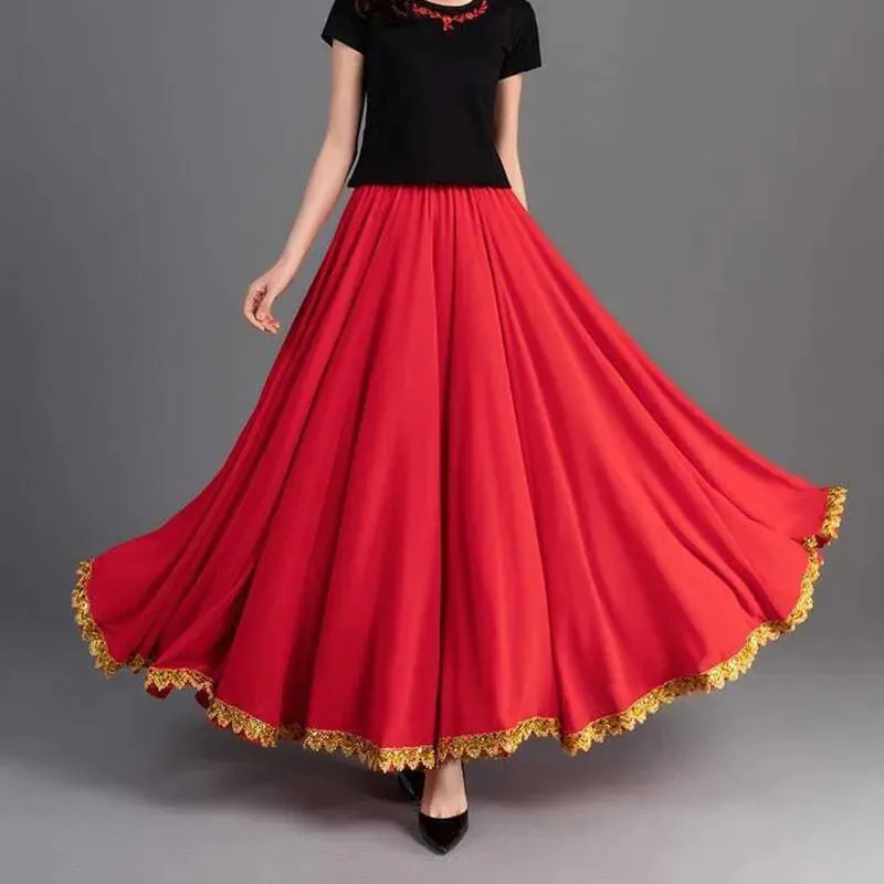 Women Skirt 720 Degree Swing Chiffon Skirt Elastic Waist Phnom Splicing Dance Clothing Red Green Spring Summer Autumn Long Skirt