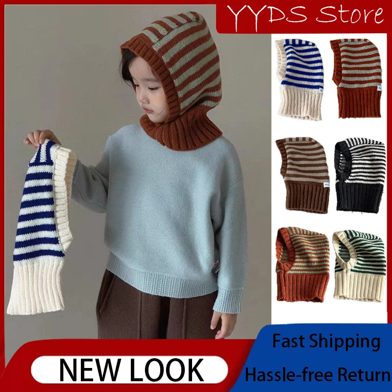 

Kids Winter Contrast Striped Balaklava Personality Winter Outdoor Travel Scarf Integrated Neck Guard Shawl Knitted Beanie