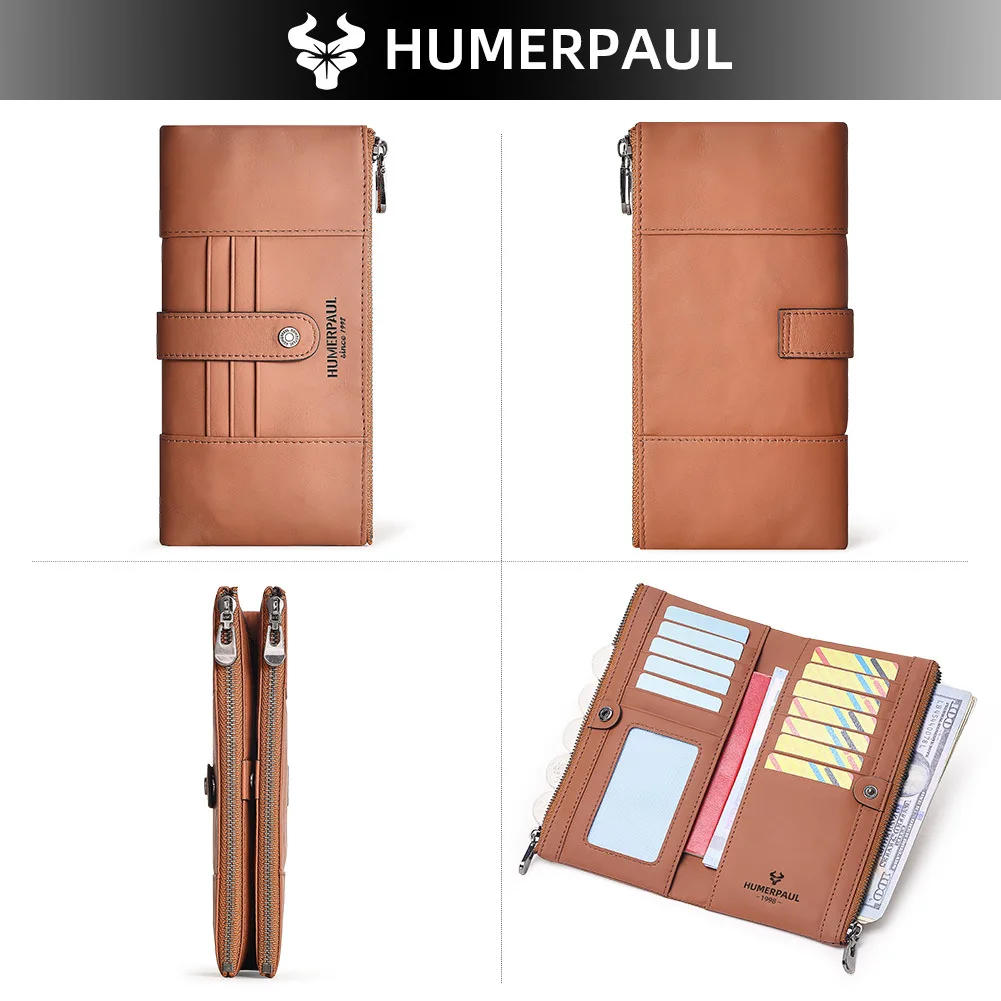 Real leather zipper ladies purse long double zipper large capacity mobile phone storage RFID multi-card handheld purse