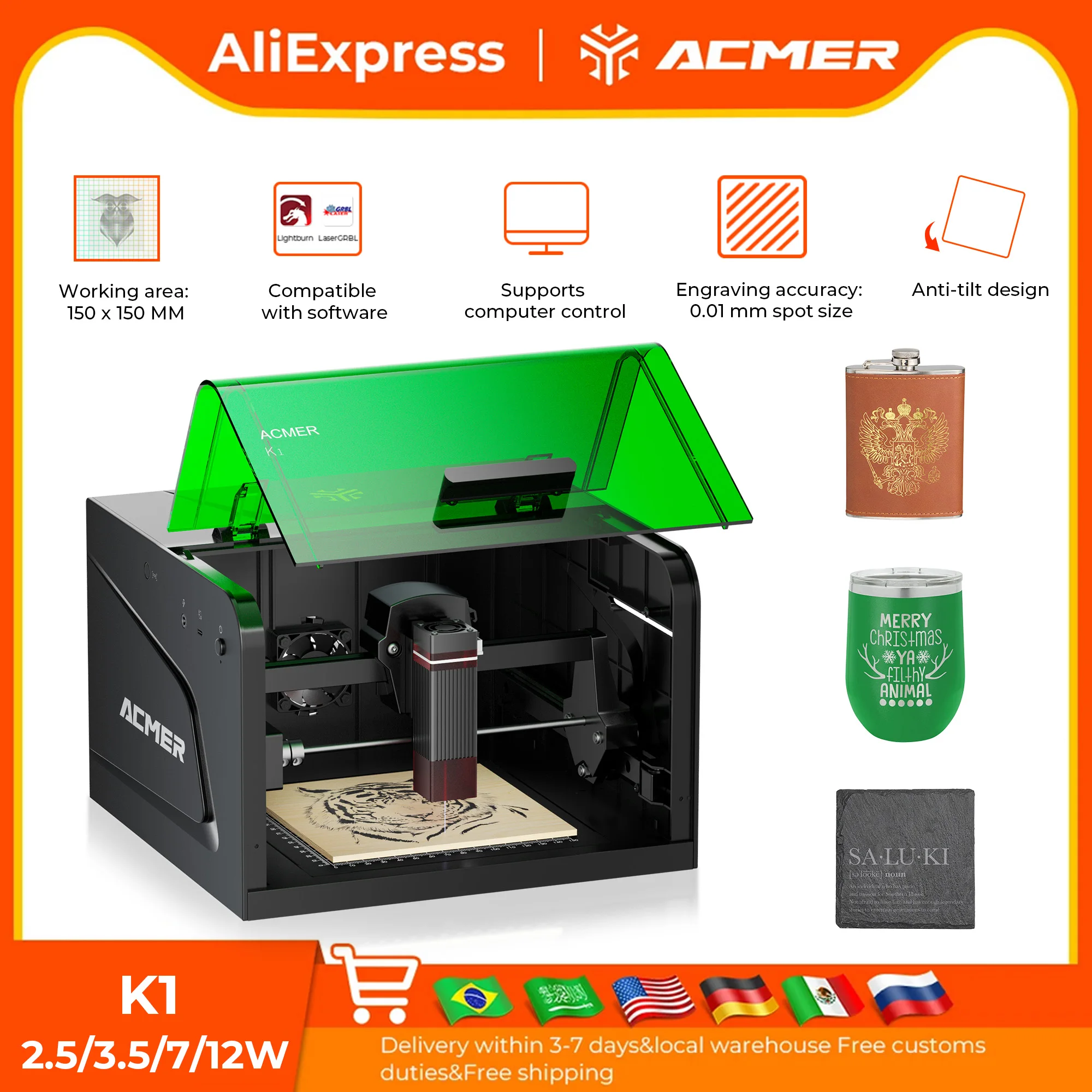 

ACMER K1 Sealed Laser Engraving Accuracy 0.01mm Cutting CNC Machine 10000mm/min Working Area Size 150*150mm For DIY Teaching