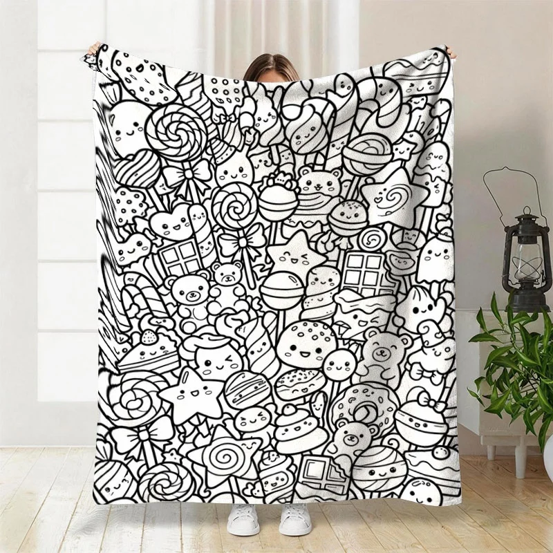 280gsm,Cozy Blanket with Whimsical Graffiti Print, Featuring Dense Black And White Cute Food And Adorable Animal Line Drawings,