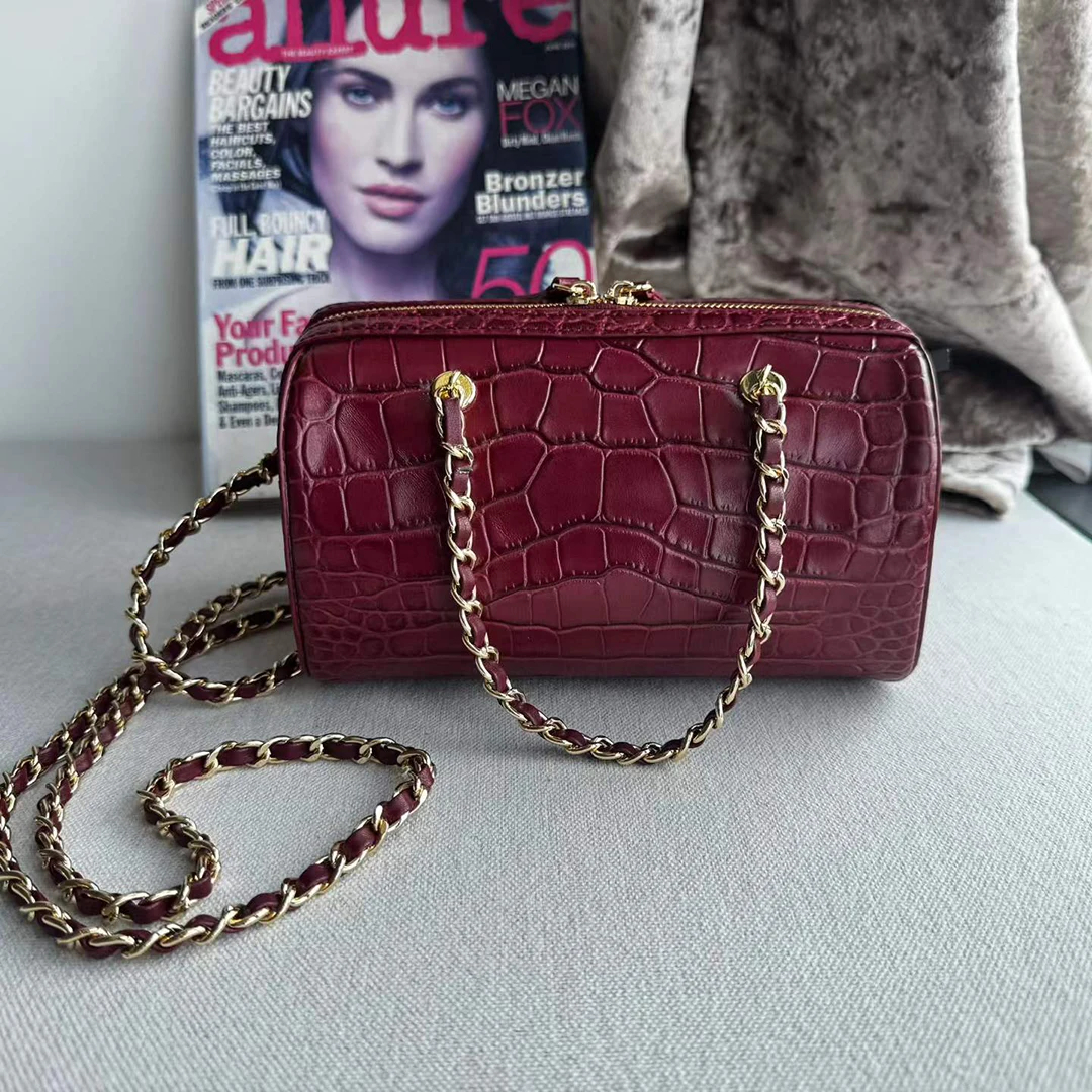 Mendy Genuine Leather Crocodile Barrel Bag Women Luxury Croc Embossed Gold Chain Strap Vintage French Style Casual Versatile