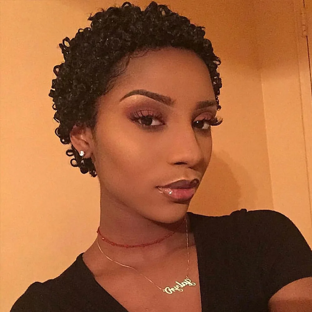 باروكات أفريقية سوداء طبيعية قصيرة شعر بشري للنساء ذوات البشرة السمراء شعر مستعار أفرو غريب مجعد مصنوع آليًا شعر مستعار بقص عابث