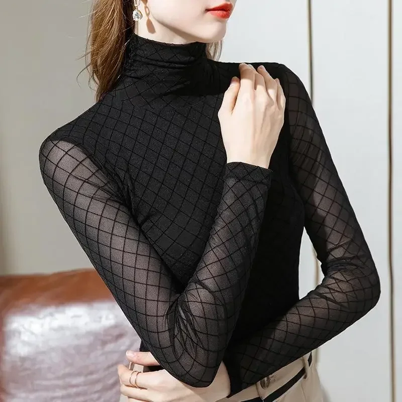 T-shirt Woman Lace Chiffon Turtleneck Sexy Clothing Black 2024 Trend Women\'s Top Tees Pulovers New In 90s Graphic Alt Kpop Old O