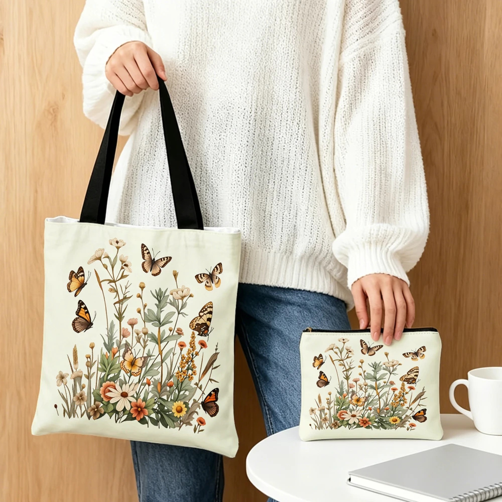 Floral Butterfly Print Handbag Cream Tote Bags And Makeup Bag Combination For Women Shopping And Daily Use Portable Pouch view 4