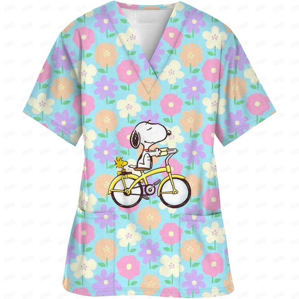 Ladies Nurse Uniform Short Sleeve V-neck Workwear Snoopy Print Working Uniform Woman Polyester Casual Medical Nursing Blouse