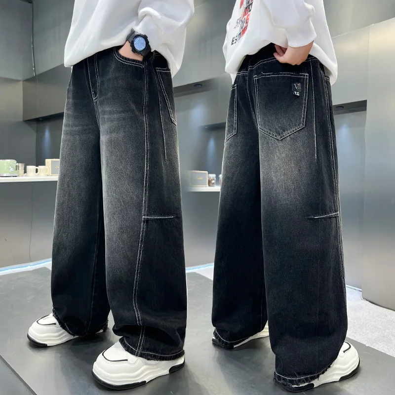 

New Boys Jeans Spring Autumn Kids Elastic Waist Solid Back Trousers Teen Children's Straight Wide-legged Demin Pants 5-14Y