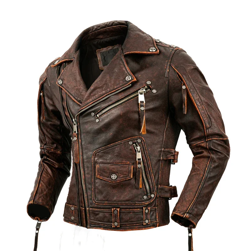 Men's Natural Leather Motorcycle Jacket Top Layer Cowhide Biker Jacket Retro Moto Suit Stone Milled Large Size Leather Jacket