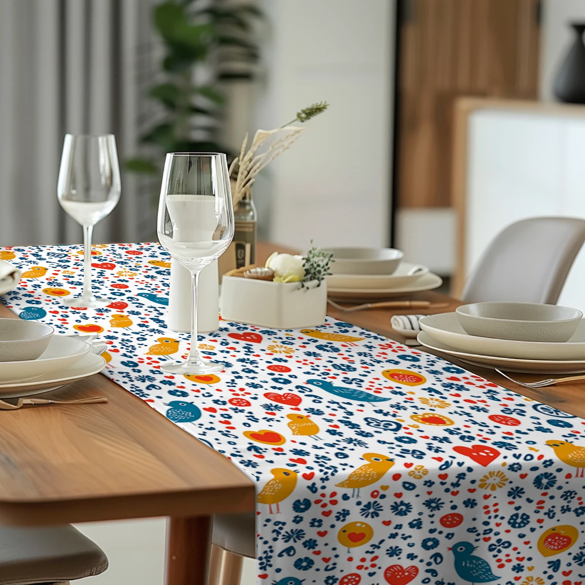 Bird Wave Point Love Table Runner Polyester Table Runners for Dining Room Cottagecore Polyester Table