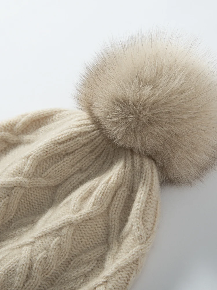 TLOML Women's 100% Cashmere Cable Knitting Hats Autumn Winter Cashmere Hat Warm Pullover Caps Casual Simple Style Cashmere Hats