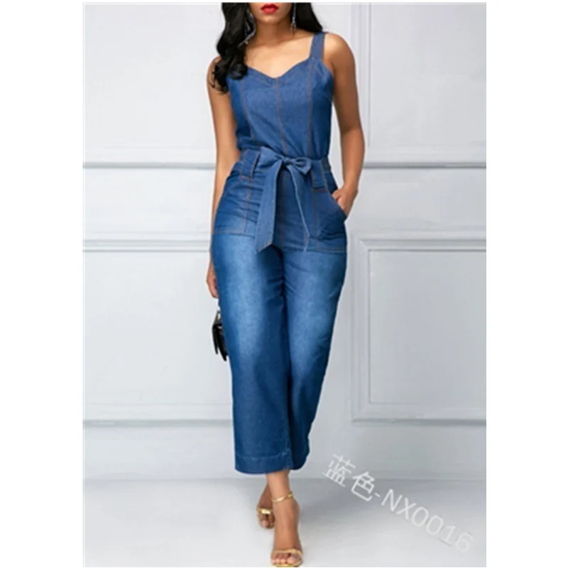 

Pocket Wide Strap Belted Jumpsuit Overalls Onepieces Outfits Womens Fashion Sleeveless High Waist Brace Denim Jumpsuits