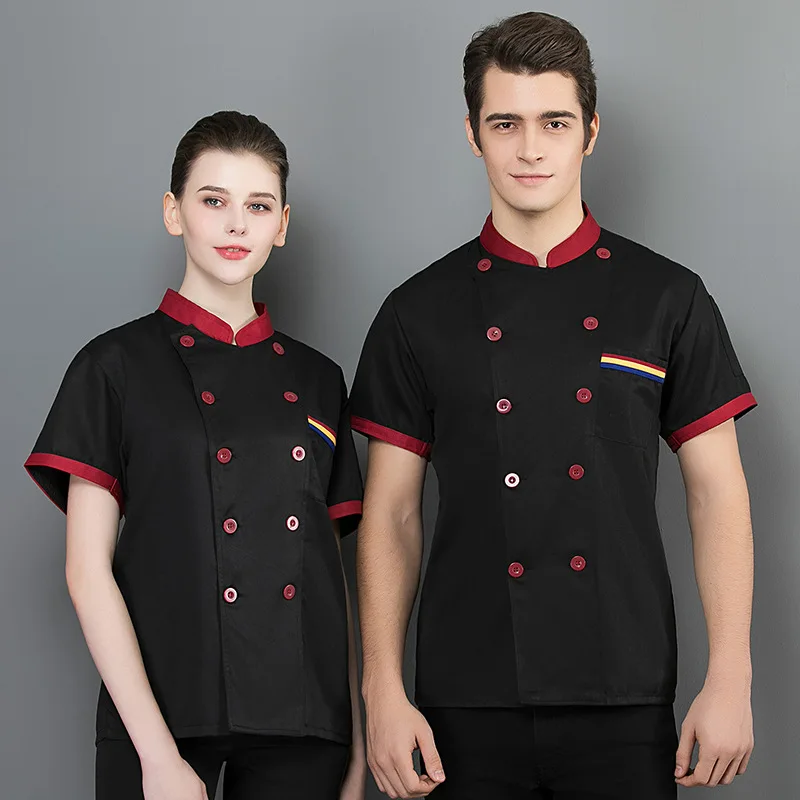 Uniforme de Chef de verano, bolsillo de manga corta, cuello de bloque de Color de tres rayas, comida rápida, restaurante, cocina, desayuno, tienda de aperitivos, Workwe
