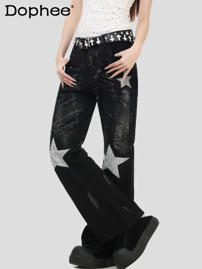 

Y2K Subculture American Retro Heavy-duty Rhinestone Star Flared Pants Slim Fit Slimming Denim Trousers