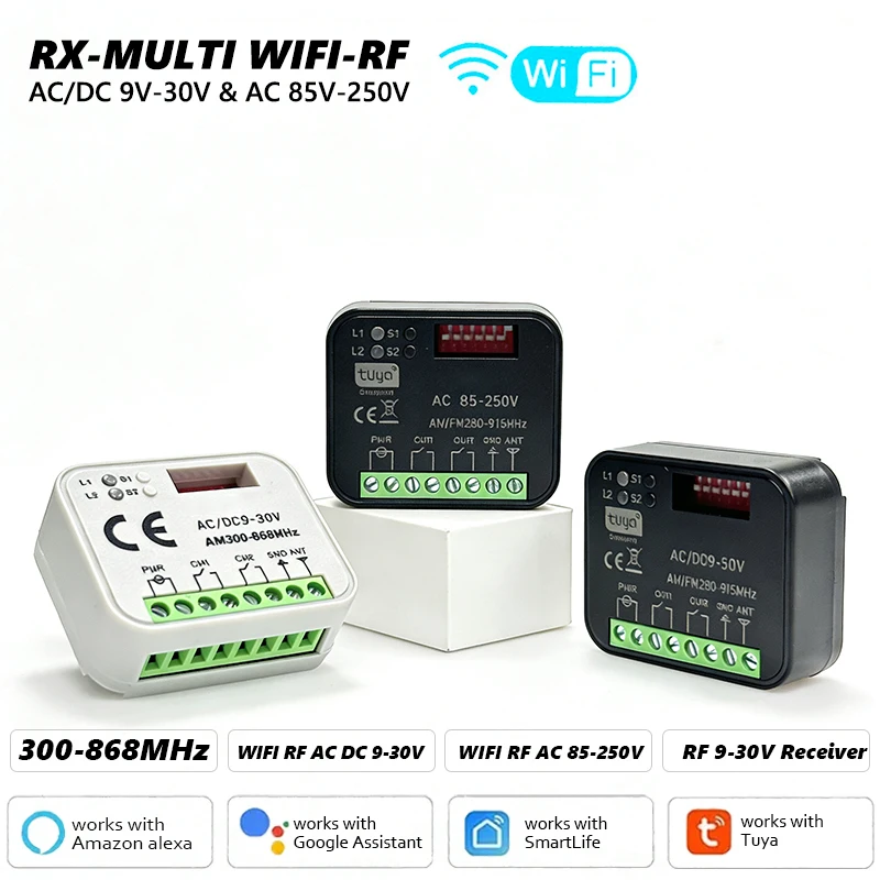 

Приемник RX-MULTI Tuya WIFI 300-868 МГц 2 канала 9-30 В 85-250 В для дистанционного управления гаражными воротами, интеллектуальный контроллер открывания ворот.