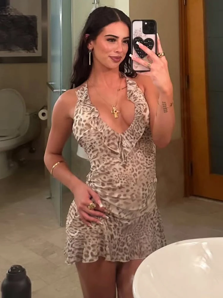 

Платье Nibber Midnight с леопардовым принтом, женское сексуальное вечернее платье с открытой спиной Y2K, с оборками, неровным подолом, летние каникулы, хипстерское мини-облегающее платье