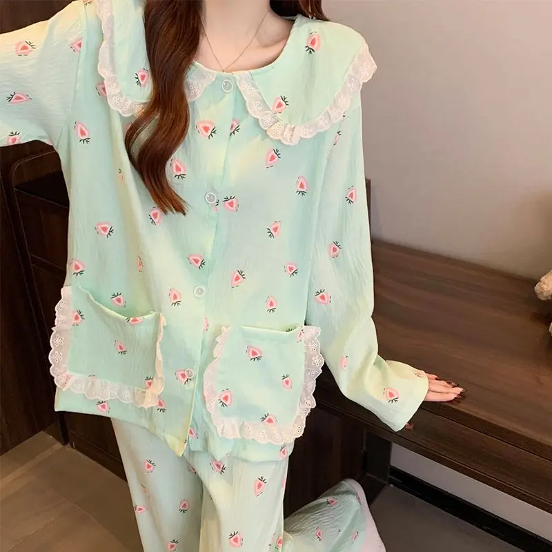 Mint Green Women Pajamas Set Long Sleeve Loungewear Peach Print Peter Pan Collar Button Down Shirt Long Pants Cotton Sleepwear
