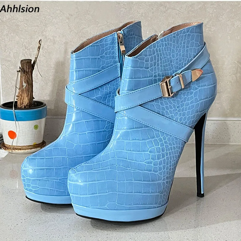 

Ahhlsion Women Winter Ankle Boots Hidden Platform Stiletto Heels Round Toe Pretty Sky Blue Black Party Shoes US Plus Size 5-20