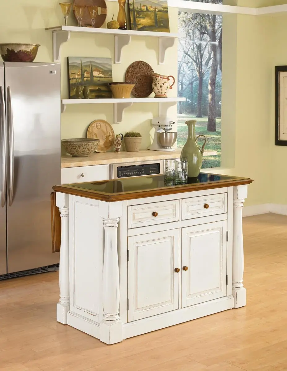 

Monarch White Kitchen Island with Distressed Oak Top, Black Granite Top Inset, Hardwood, Breakfast Bar