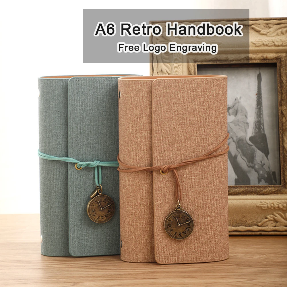 (Free Logo Engraving) A6 Cloth Loose-leaf Notebook, Blank Inner Page Notepad, Meeting Record Book, Strap Design, Pocket Diary