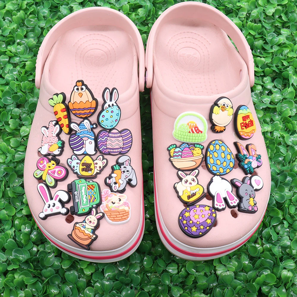 Hot Sales 1-23Pcs Adorable Easter Eggs Rabbit Slipper Charms Kids Shoes Button Accessories Fit Holiday Present